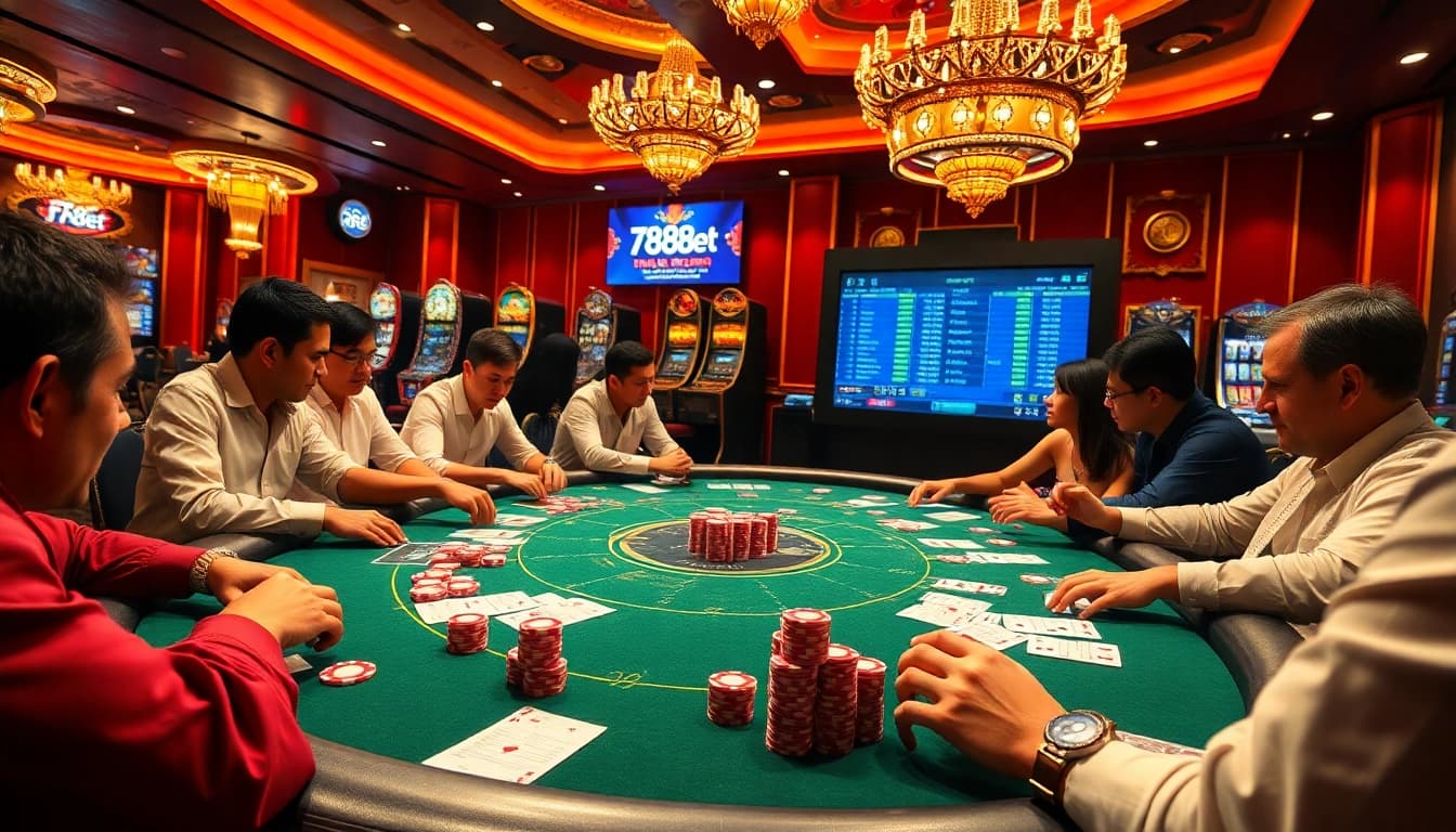 Players strategizing at a F88BET poker table, surrounded by vibrant casino lights and high-stakes excitement.