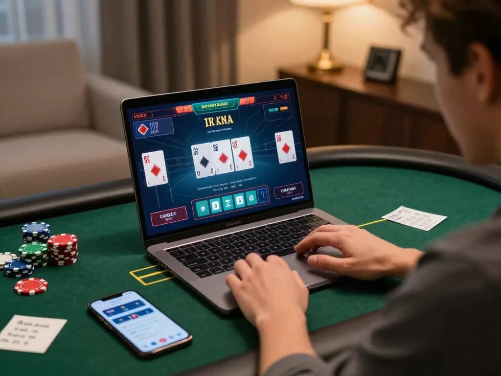 KJC online player strategizing with laptop, poker game interface, modern home office ambiance.