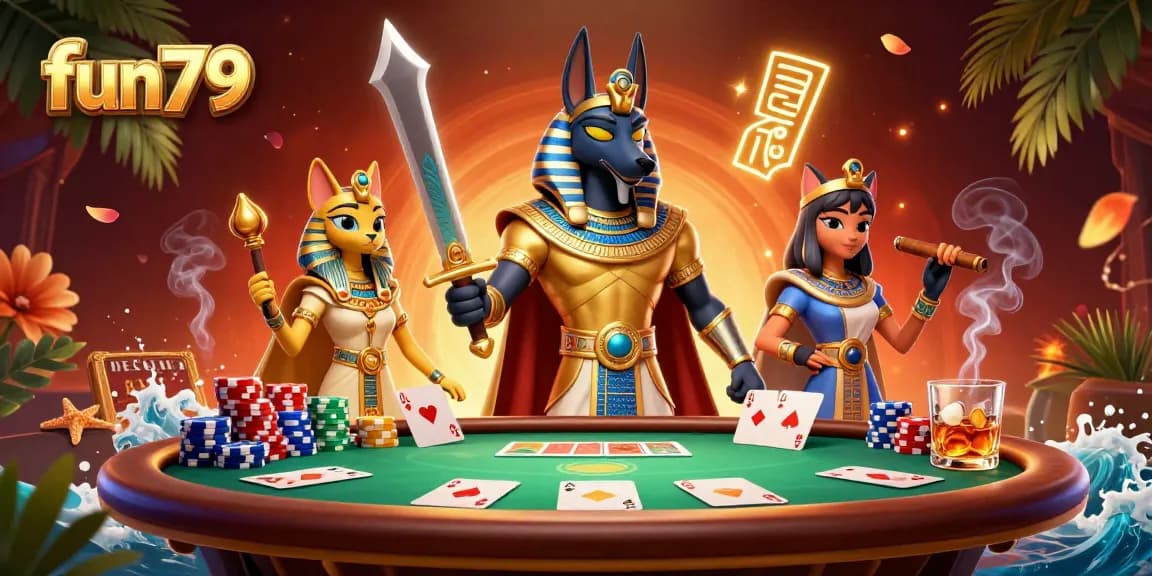 Experience exciting gameplay at fun79 with Anubis and Bastet amidst colorful poker elements.
