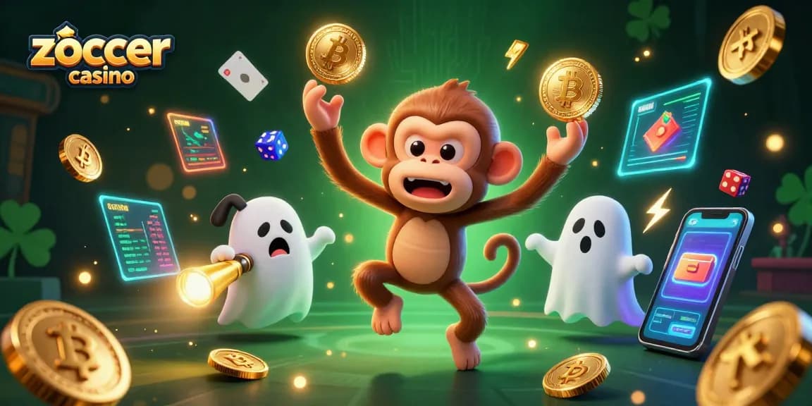 Zoccer Casino showcases a mischievous poltergeist monkey juggling gold with a ghost-hunter puppy, highlighting gaming excitement.