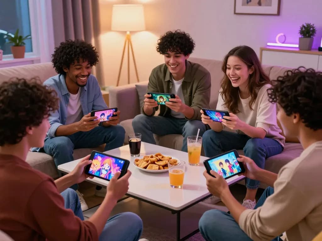 Engaging friends playing game sex on mobile devices in a cozy living room.