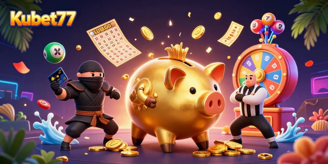 Kubet77 showcases an action-packed 3D illustration with vibrant casino elements and characters for online gaming.
