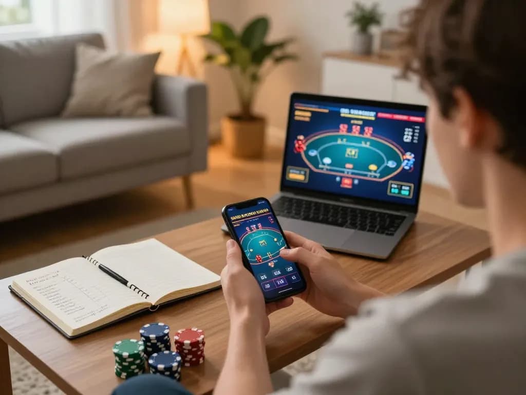 Engaged player betting on MK8 with a mobile device in a cozy home, showcasing strategy.
