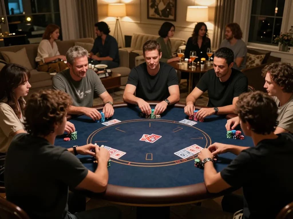 Players at a GO88 poker game night, chips stacked, intense gameplay atmosphere