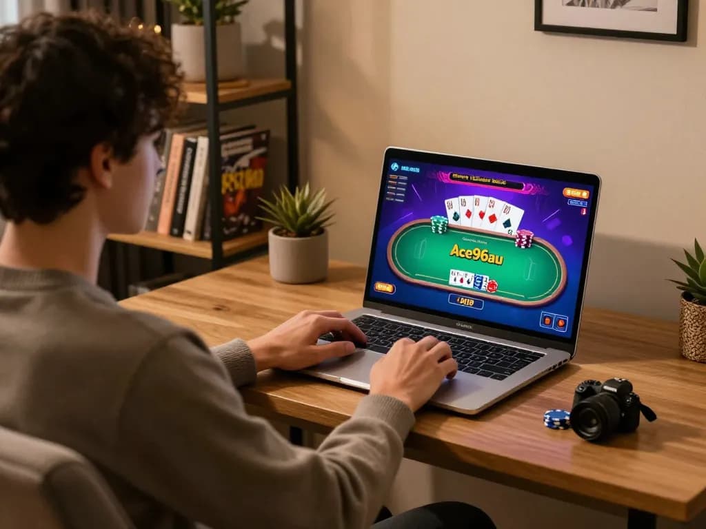 Ace96au player engaging in online poker at home with vibrant interface on a laptop.