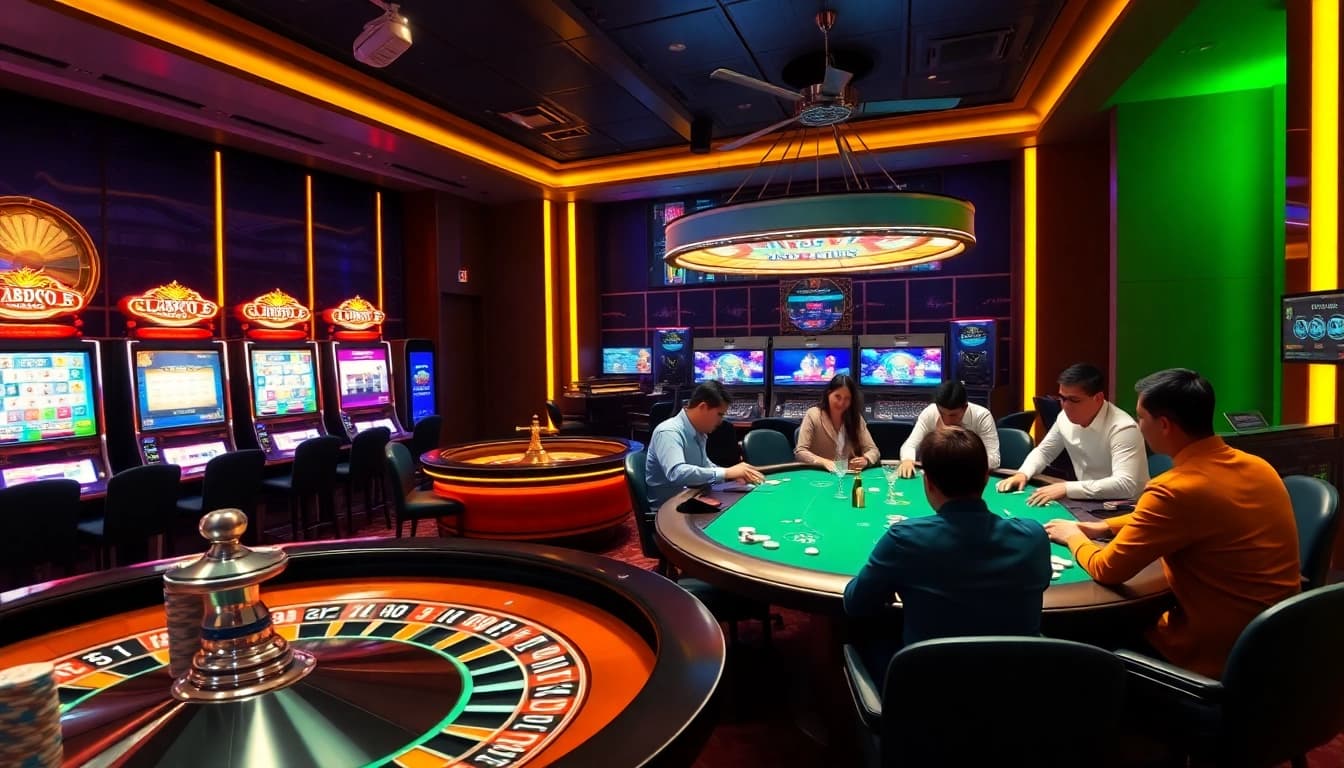 Engaging scene of Nhà cái S8 showcasing vibrant casino games and excitement with players interacting.