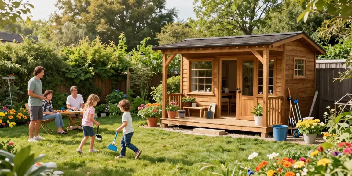 Wunderschönes Gartenhaus aus Holz im Garten mit Familie, die die Sonne genießt und Spaß hat.