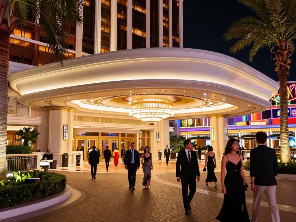 TWIN68 visitors arriving at a luxurious casino entrance showcasing vibrant neon lights.