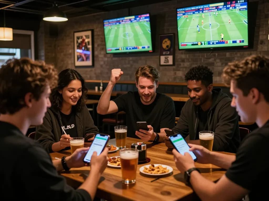 Engaged patrons using their smartphones for live betting on 7m-7m sports matches