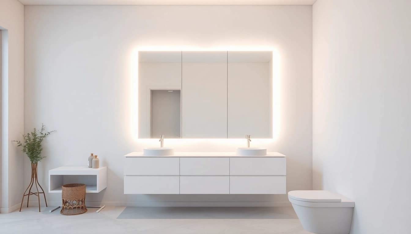Zeitgenössischer spiegelschrank mit led Beleuchtung, der modernes Design und integrierte Beleuchtung harmonisch vereint.