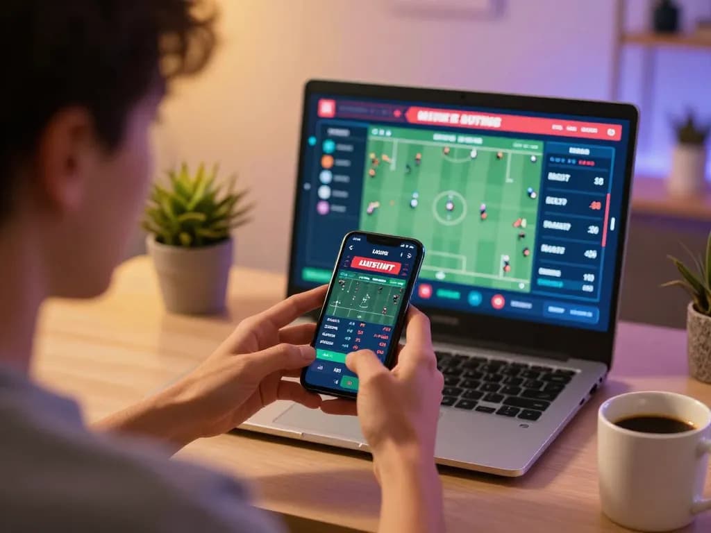 F168 sports betting setup with a person using a smartphone to place live bets and engaging in strategy