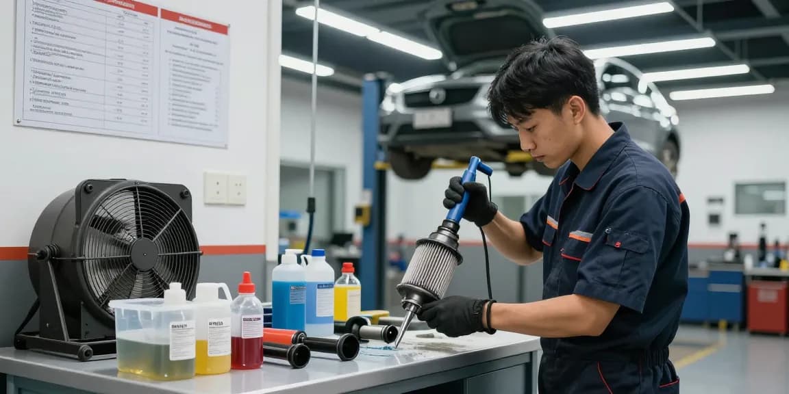Effizientes DPF reinigen im professionellen Garagenumfeld mit Mechaniker und spezialisierten Reinigungswerkzeugen.