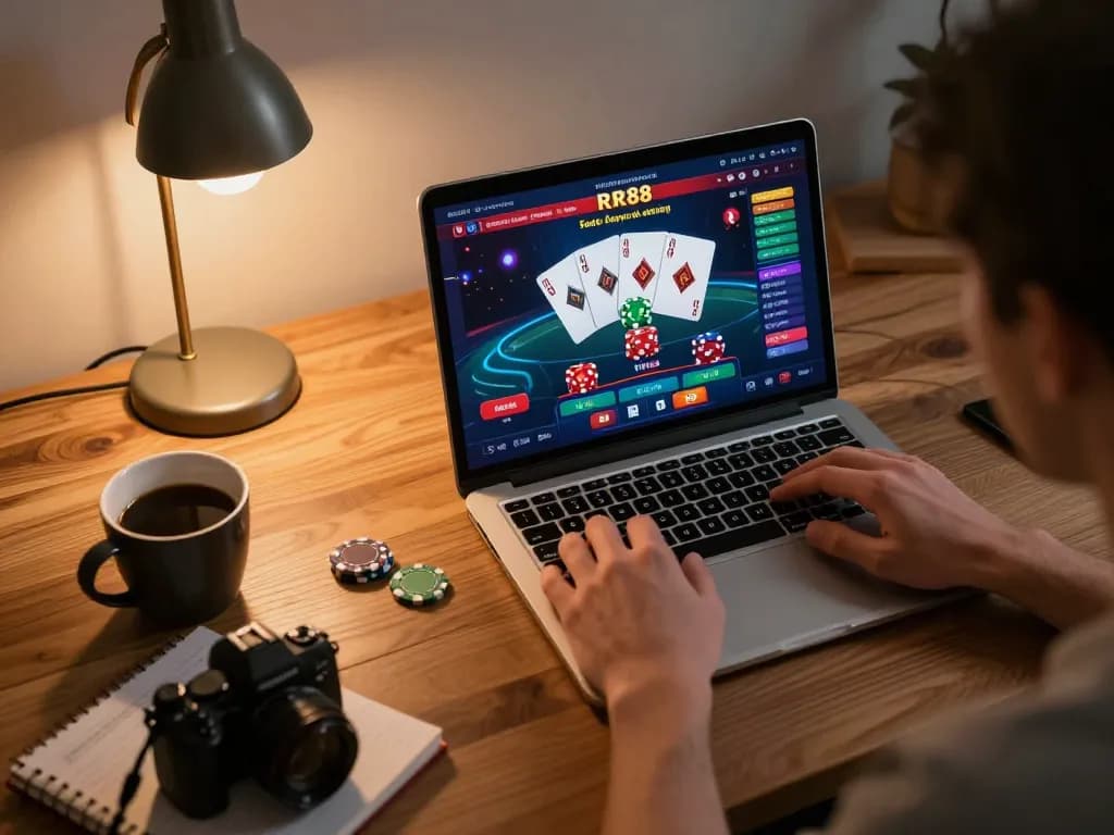 Engaging in online betting on RR88 with poker cards and chips displayed on a laptop, inviting home gaming atmosphere.
