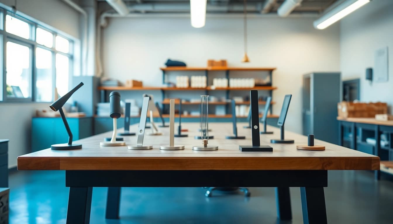Zeigen Sie verschiedene Abstandshalter von abstandshalter.com auf einem modernen Werkstatttisch, um Vielfalt und Qualität zu demonstrieren.