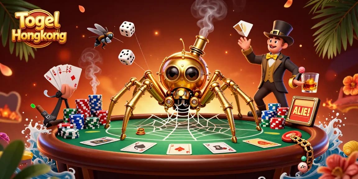 Togel Hongkong's vibrant 3D illustration depicts a golden spider and Victorian fly engaged in a dynamic casino scene.