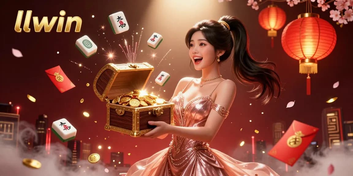 Engage with llwin's thrilling treasure chest bursting with gems and coins in this captivating 3D casino illustration.