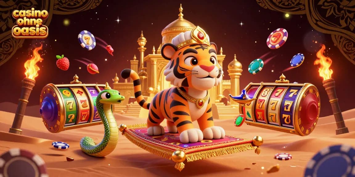 Experience the thrill at casino ohne oasis with a vibrant 3D scene featuring a majestic tiger sultan on a magic carpet.