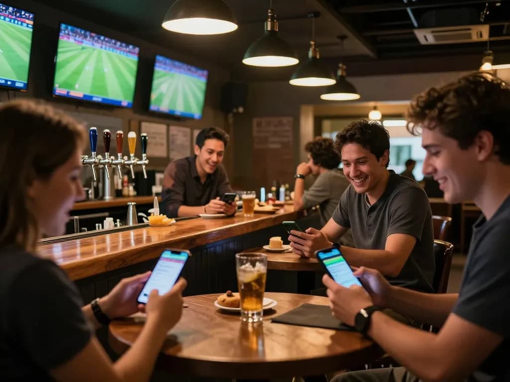 View of patrons engaged in active sports betting while monitoring ผลการแข่งขันฟุตบอล at a lively sports bar.