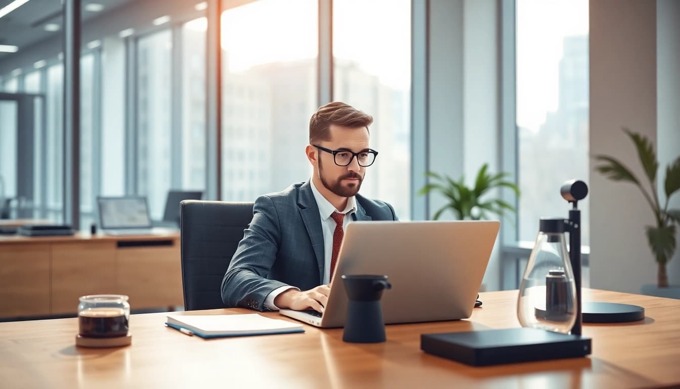 Headhunter IT-Experte arbeitet an einem Laptop in modernem Büro mit technischer Ausstattung.