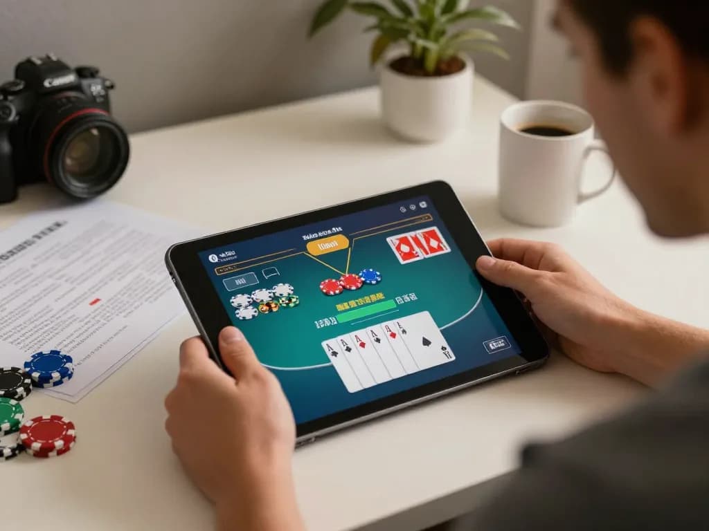 Engaging in online poker gaming on vuabet88i, showing cards and chips in a cozy setting.