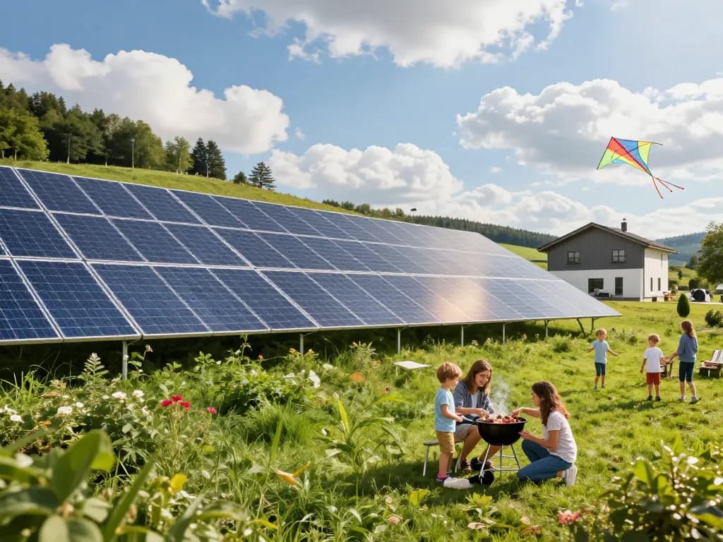 Photovoltaik Bayern mit Solar-Panels in einer sonnigen Landschaft, während eine Familie ein Barbecue genießt und eine moderne Wärmepumpe nutzt.