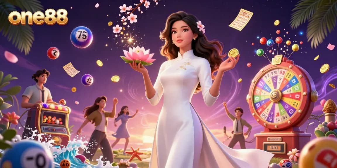 Experience the excitement of one88 with an Asian woman holding a golden coin and surrounded by colorful lottery elements.