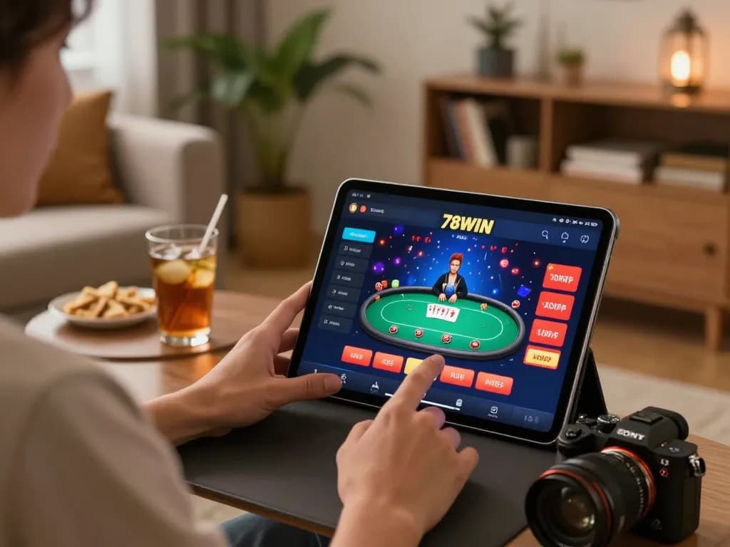 Engaged player explores 78WIN casino app during a cozy gaming night at home.