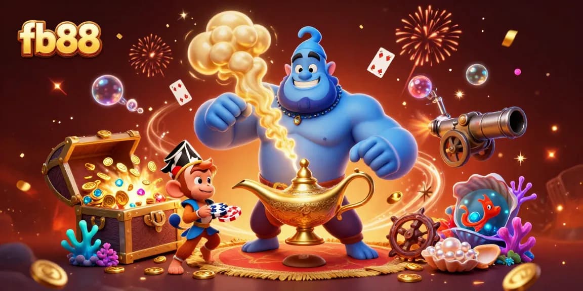 Experience thrilling gaming with fb88's vibrant 3D illustration featuring a genie and casino elements.