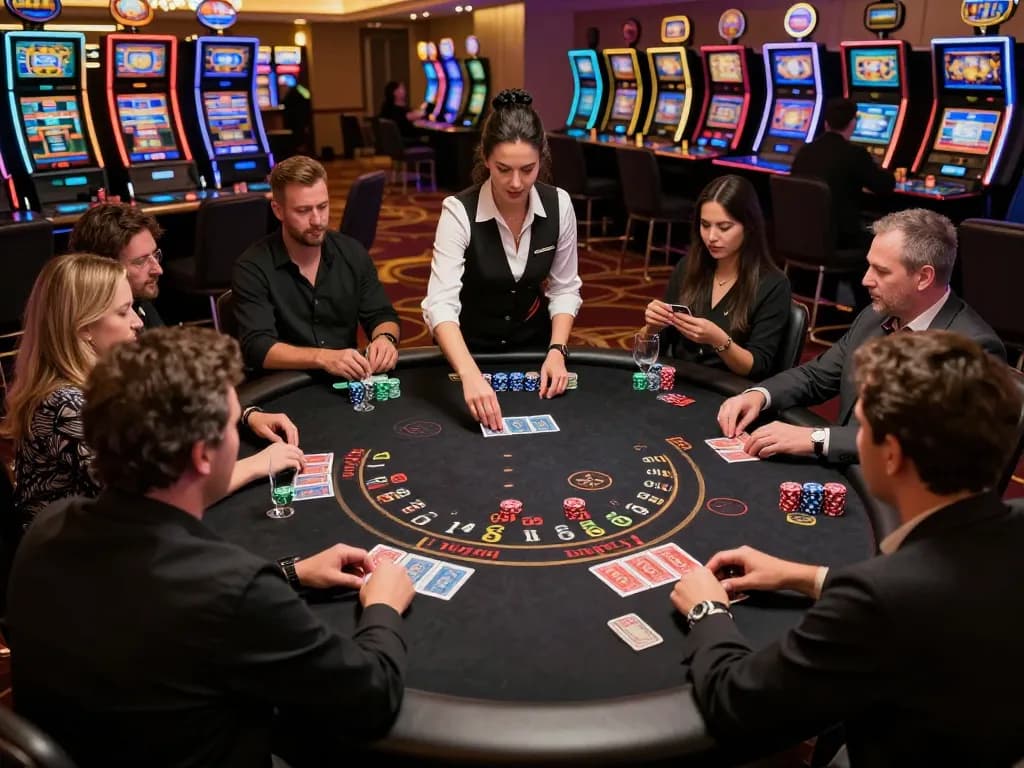 Players engaging in strategic blackjack gameplay at 58win vina casino table, professional dealer in action