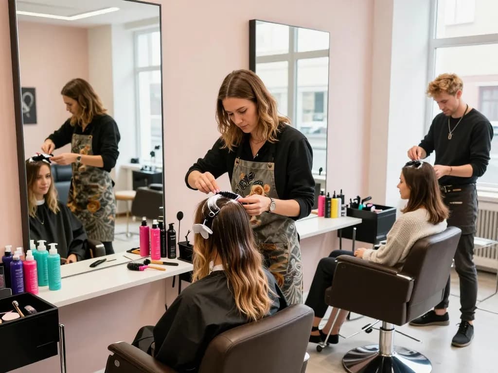 Charmerende damefrisør salon med en stylist, der påfører hårfarve, og viser livlige farver samt en indbydende atmosfære.