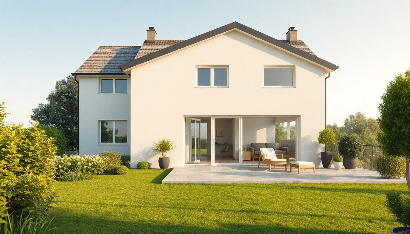 Architekturvisualisierung eines modernen Wohnhauses mit Garten und Terrasse, harmonisch und fotorealistisch dargestellt.