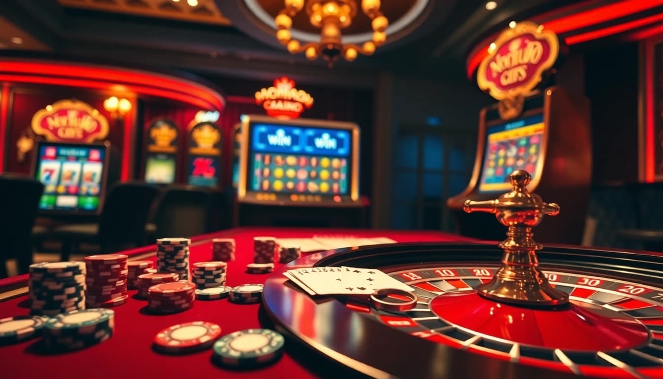 Nohu90 casino scene showcasing a thrilling poker table with vibrant chips, cards, and a roulette wheel.