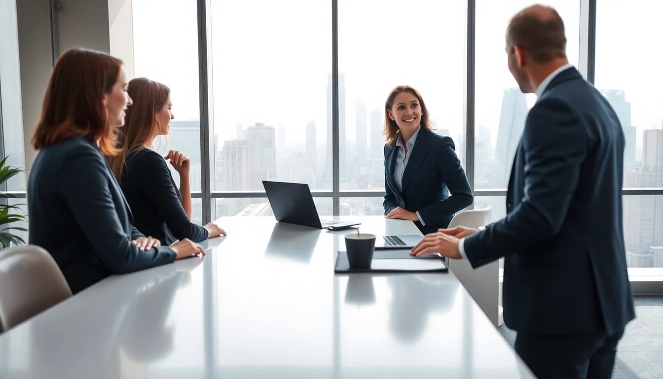 Headhunter Schweiz bei der Interaktion mit Klienten in einem modernen Büro.