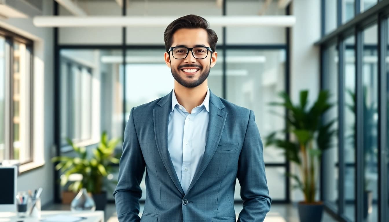 Erstellen Sie ein beeindruckendes Business Portrait München mit einem selbstbewussten Profi in einem modernen Büro.