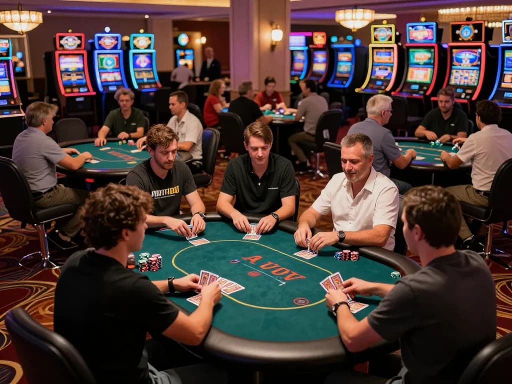Tỷ lệ kèo nhà cái 5 displayed at vibrant poker tables in a lively casino environment