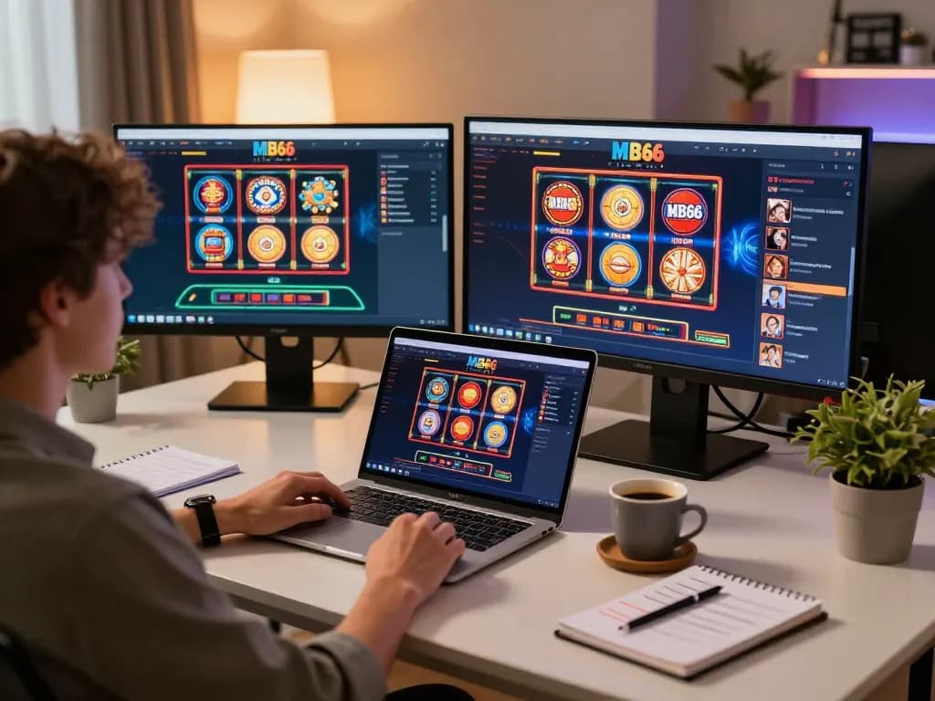 Player enjoying MB66 casino gaming experience on multiple screens in a cozy setup