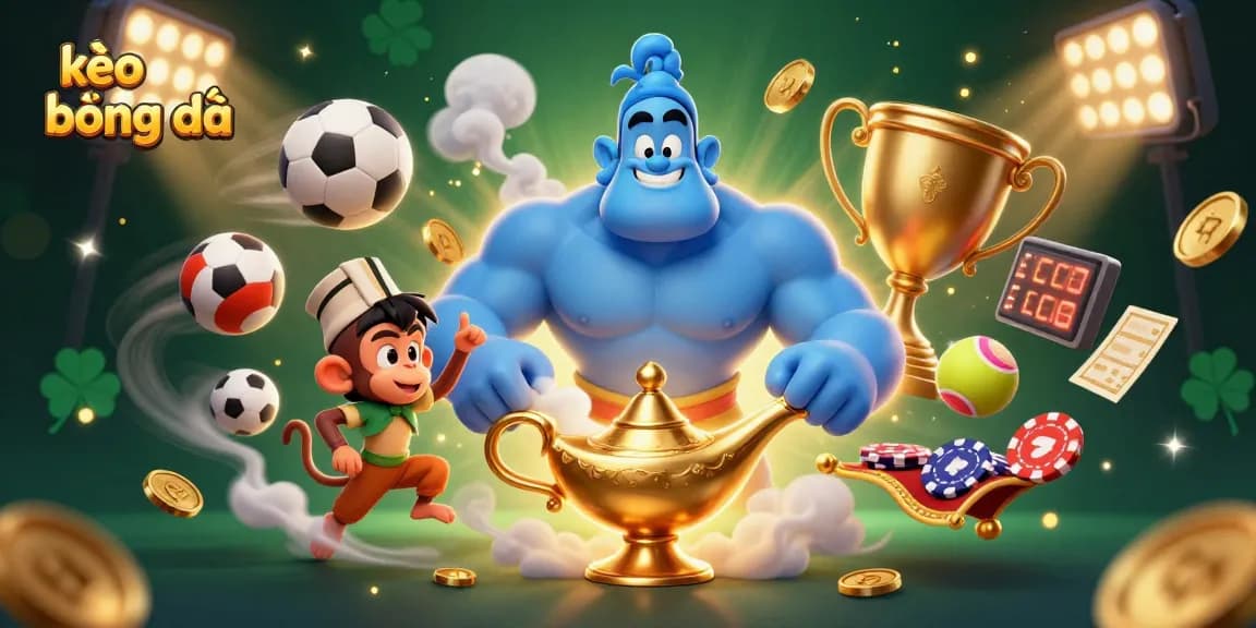 Engage in kèo bóng đá with an illustrated vibrant scene of a genie, monkey, and flying magic carpet.