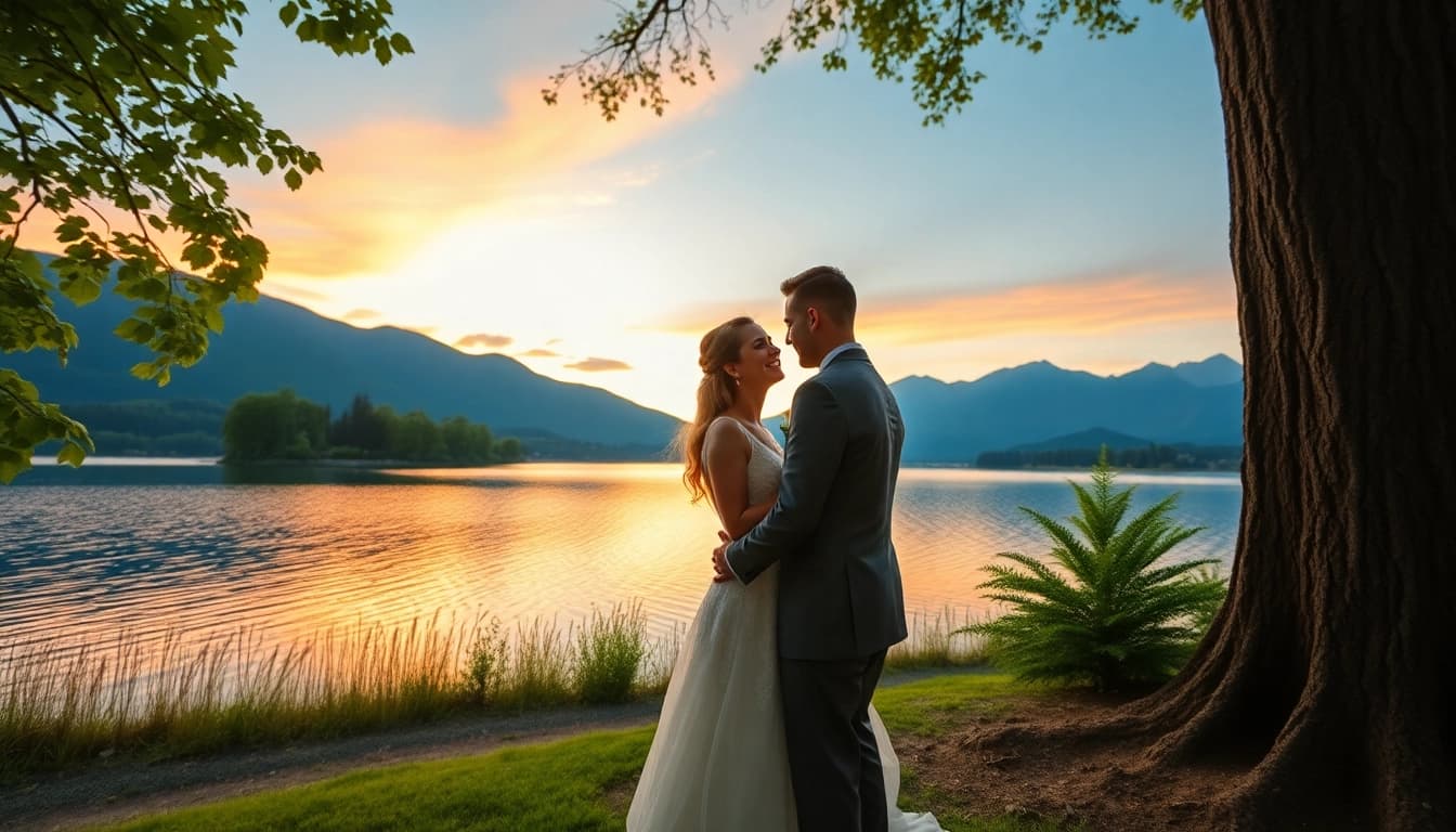 Hochzeitsfotograf Tegernsee begleitet ein Paar in der Natur am Seeufer.