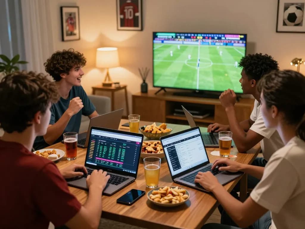 Tỷ lệ kèo bóng đá betting excitement with friends cheering in a lively living room.