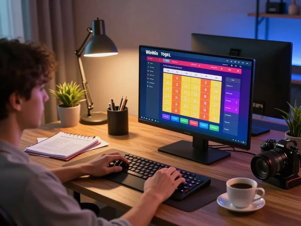 Engaging in online togel at WinWin platform during a cozy home gaming session.
