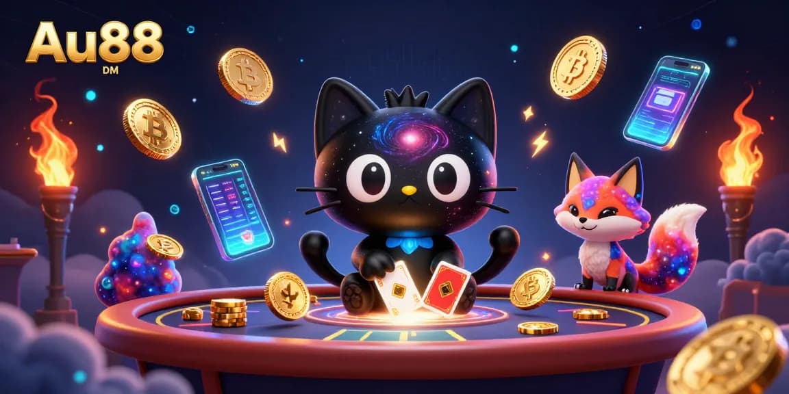 Win big with Au88 DM at a vibrant cosmic casino featuring 3D characters and cryptocurrency elements.