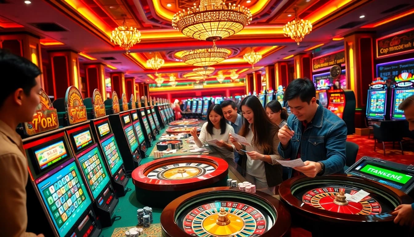 Kết quả xổ số excitement in a luxurious casino scene with players checking their tickets.