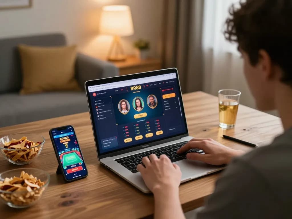 Engaging user enjoying RR88 online gaming experience at home with focused atmosphere