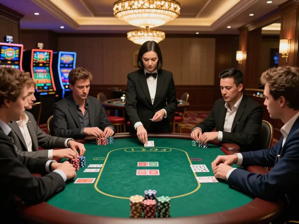 Players strategizing over poker at CM88 casino table, vibrant poker atmosphere.