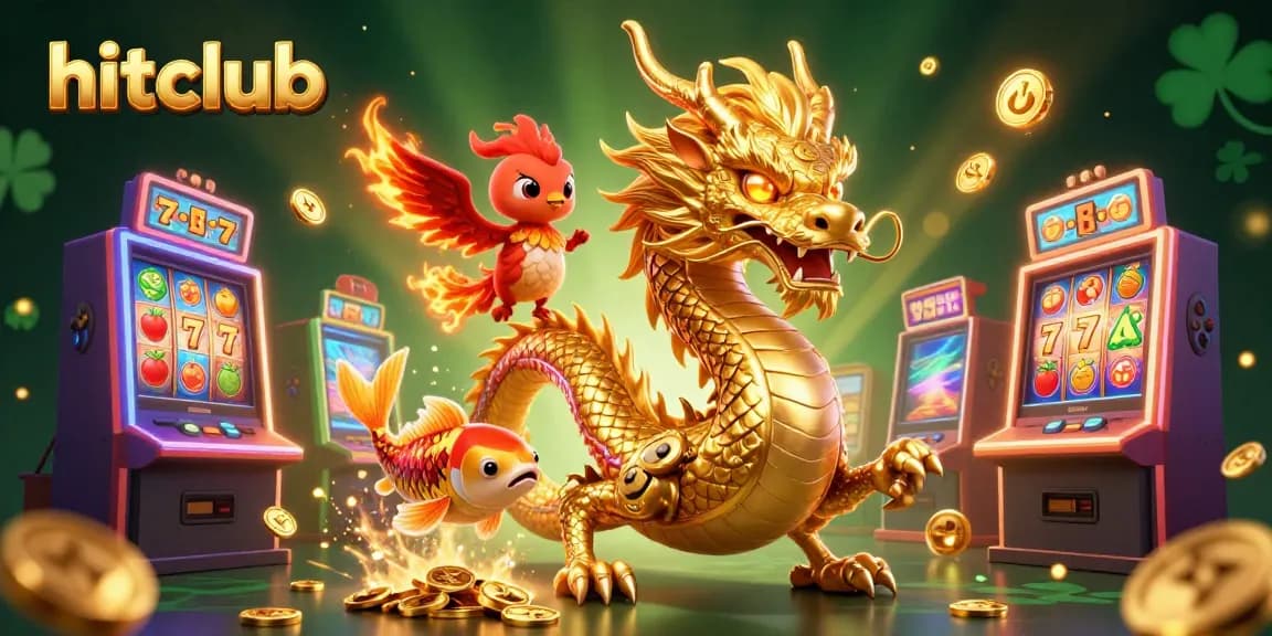 Experience the thrill of gaming with hitclub's vivid dragon, phoenix, and koi in a dynamic casino scene.