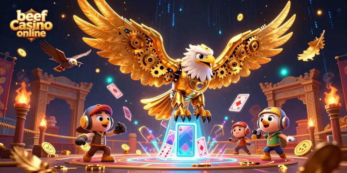Spiele im Beef Casino Online mit einem mechanischen goldenen Adler und holografischen Karten.