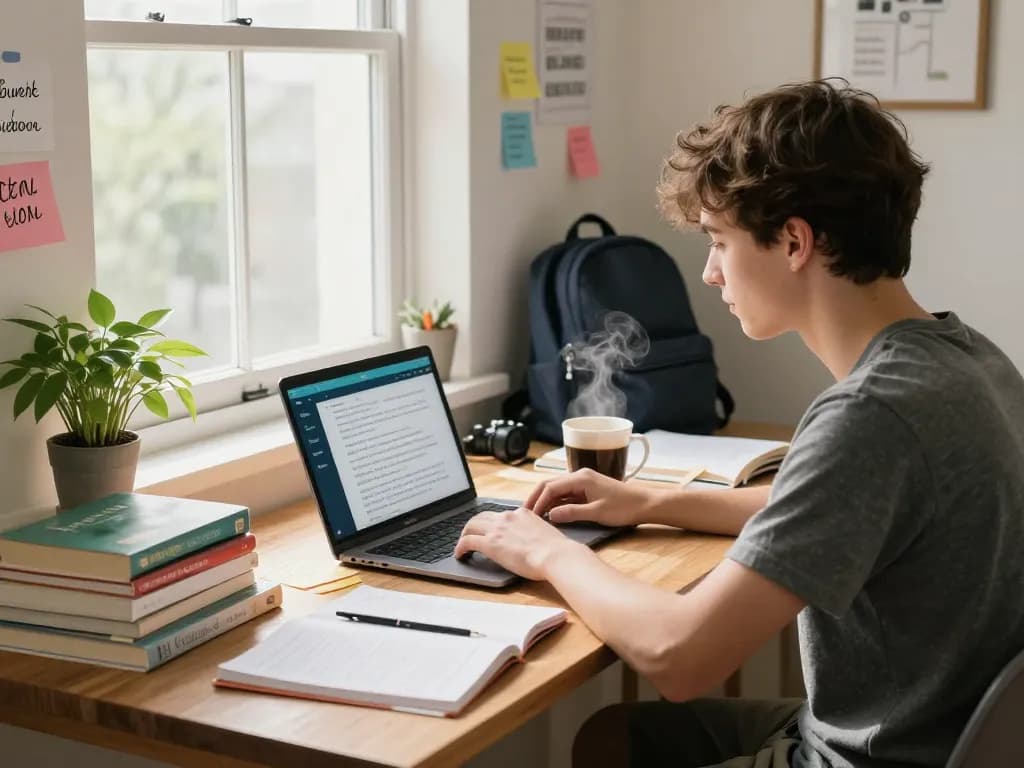 Student nutzt eine Hausaufgaben Löser App in einem gemütlichen Homeoffice.