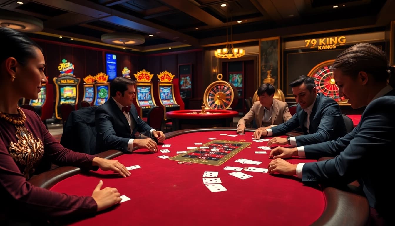Engaged players at 79KING betting chips on a poker table in a luxurious casino.