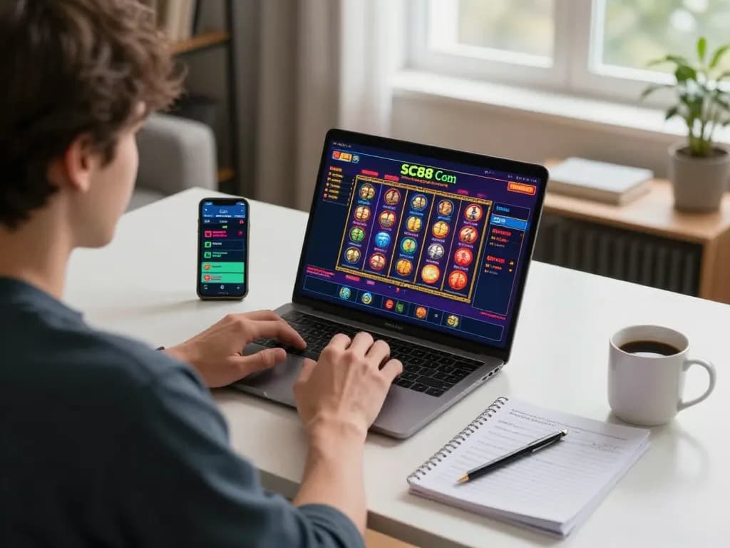 Gambling on SC88 Com with engaging online slot game on a laptop in a stylish home office