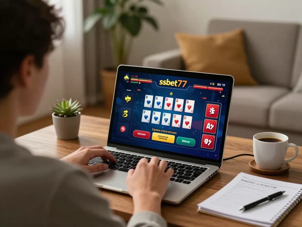 Engaging player enjoying ssbet77 casino games at home with vibrant online interface.